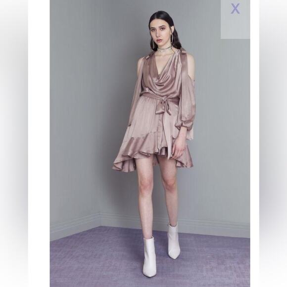 Zimmerman 100% Silk Sueded Billow Cold Shoulder Tie Asymmetrical Mini Dress Sz 6 - Picture 1 of 15